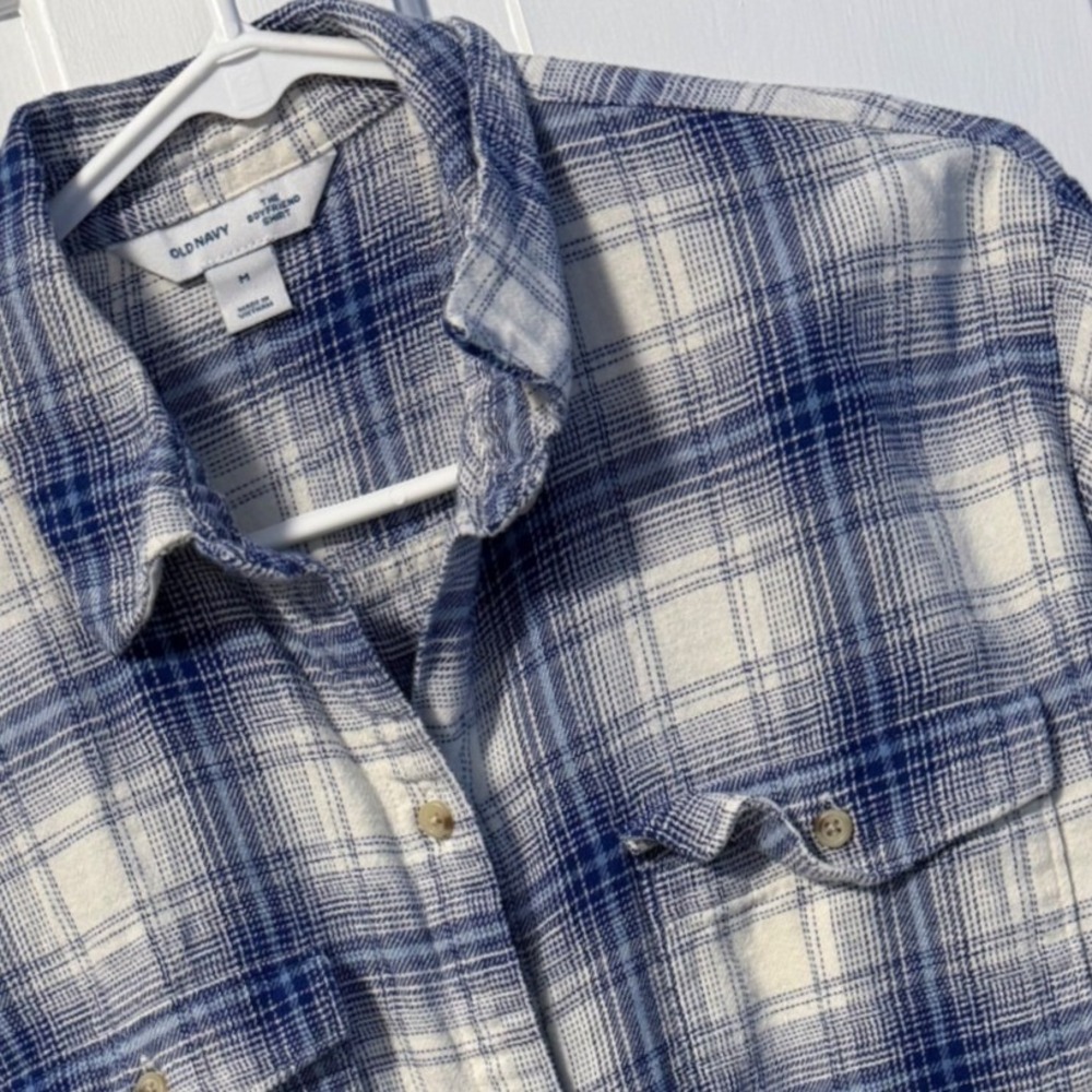 Old Navy Plaid Boyfriend Shirt Women M Blue White Flannel